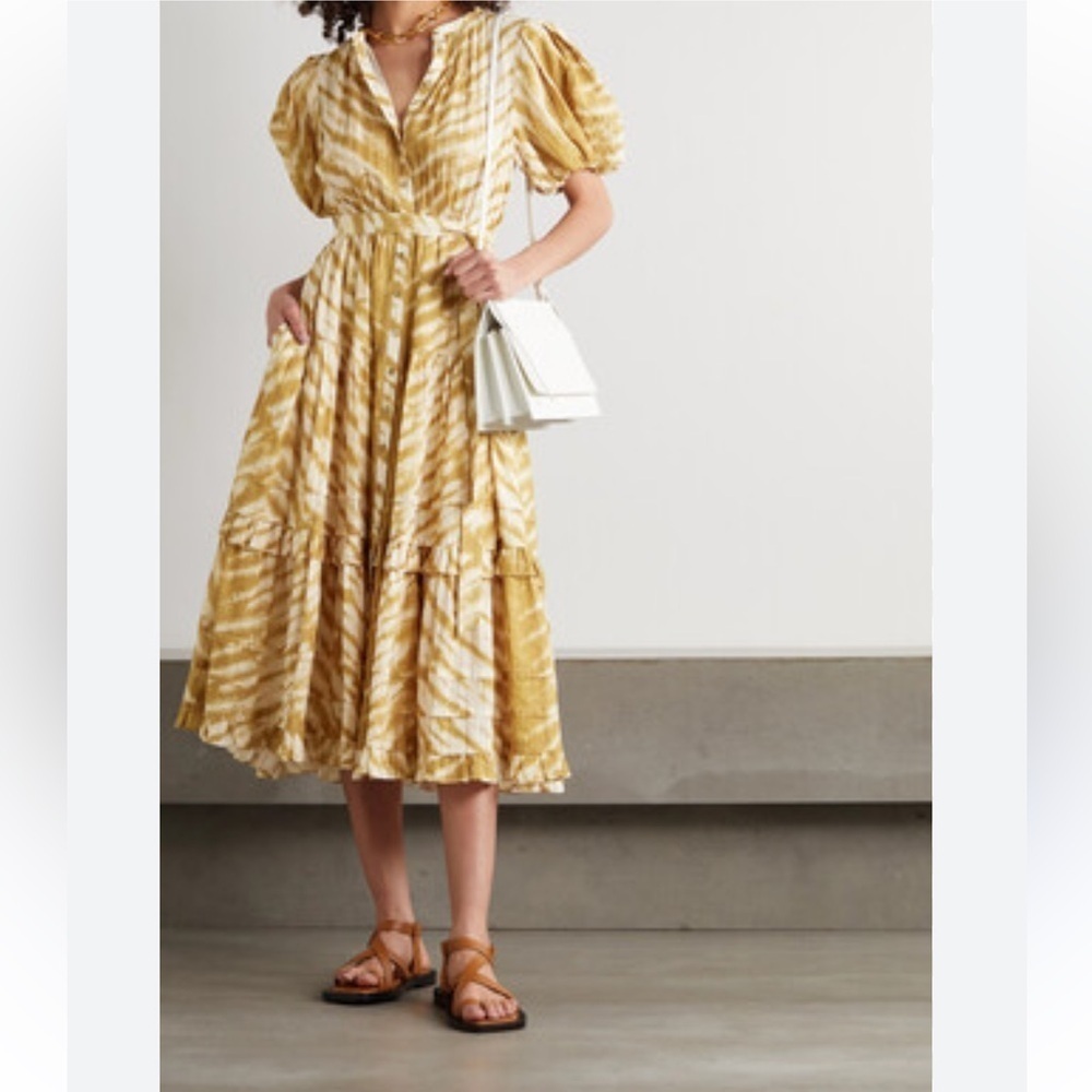 Ulla Johnson Magdalena Midi Dress Sand Tiger Print Puff Sleeves Ruffled - Picture 2 of 16